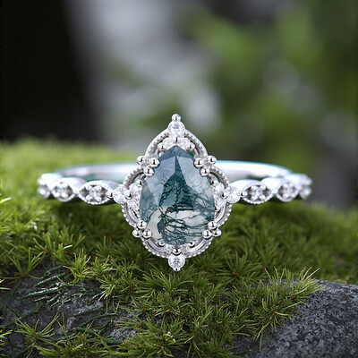 1.33CT Pear Cut Moss Agate & Round Cut Moissanite S925 Silver Engagement Ring