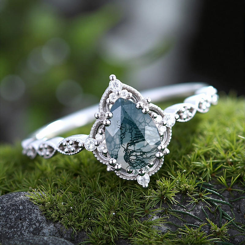 1.33CT Pear Cut Moss Agate & Round Cut Moissanite S925 Silver Beaded Engagement Ring