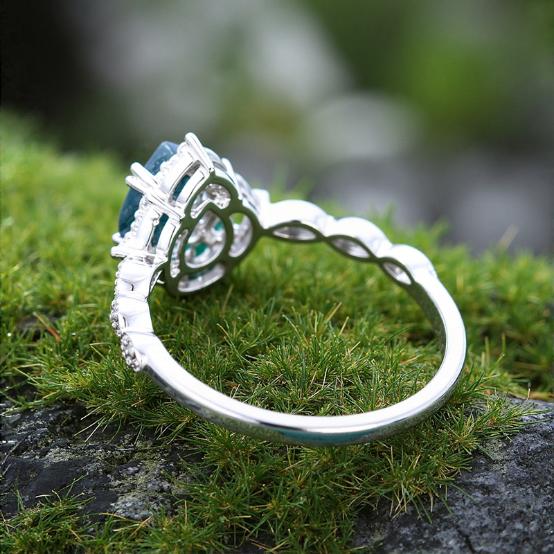 1.33CT Pear Cut Moss Agate & Round Cut Moissanite S925 Silver Beaded Engagement Ring