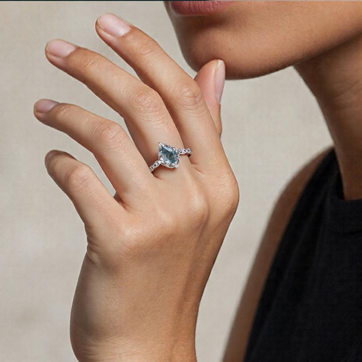 1.33CT Pear Cut Moss Agate & Round Cut Moissanite S925 Silver Beaded Engagement Ring