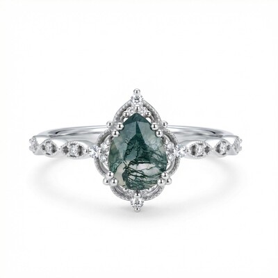 1.33CT Pear Cut Moss Agate & Round Cut Moissanite S925 Silver Beaded Engagement Ring