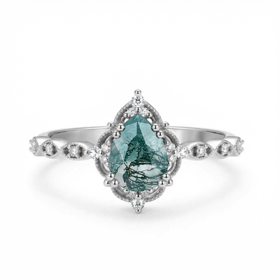 1.33CT Pear Cut Moss Agate & Round Cut Moissanite S925 Silver Beaded Engagement Ring