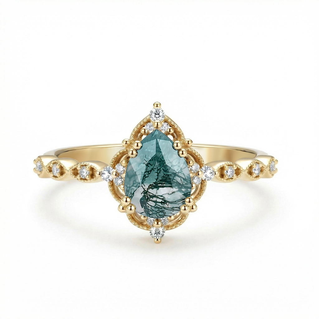 1.33CT Pear Cut Moss Agate & Round Cut Moissanite S925 Silver Beaded Engagement Ring