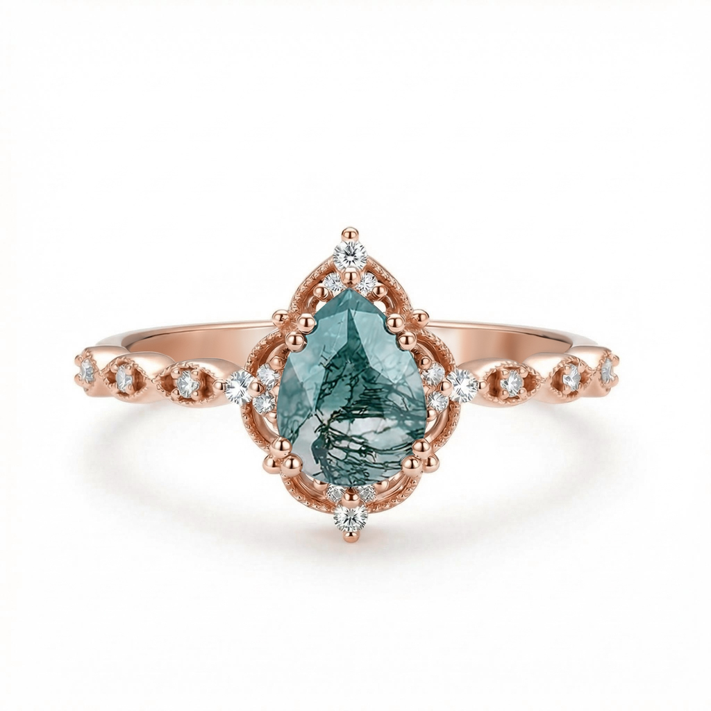 1.33CT Pear Cut Moss Agate & Round Cut Moissanite S925 Silver Beaded Engagement Ring