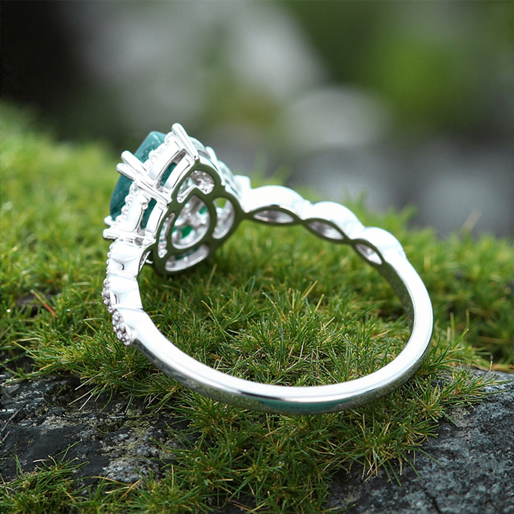 1.33CT Pear Cut Moss Agate & Round Cut Moissanite S925 Silver Beaded Engagement Ring