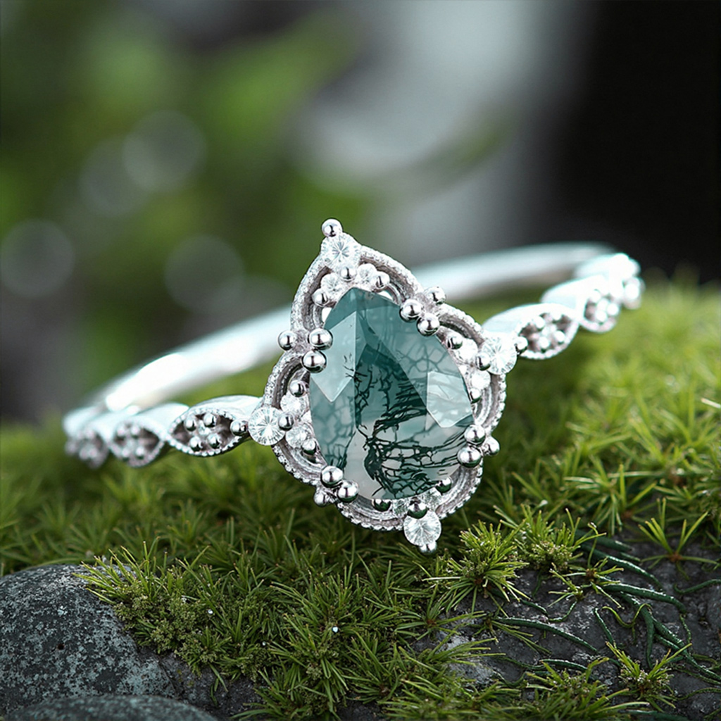 1.33CT Pear Cut Moss Agate & Round Cut Moissanite S925 Silver Beaded Engagement Ring