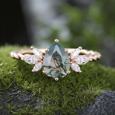 1.44CT Pear Cut Moss Agate & Marquise Cut Moissanite S925 Silver Engagement Ring