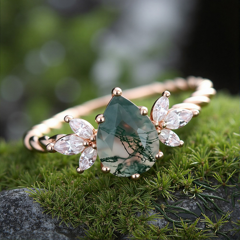 1.44CT Pear Cut Moss Agate Twisted Band Marquise Accented Moissanite S925 Silver Engagement Ring