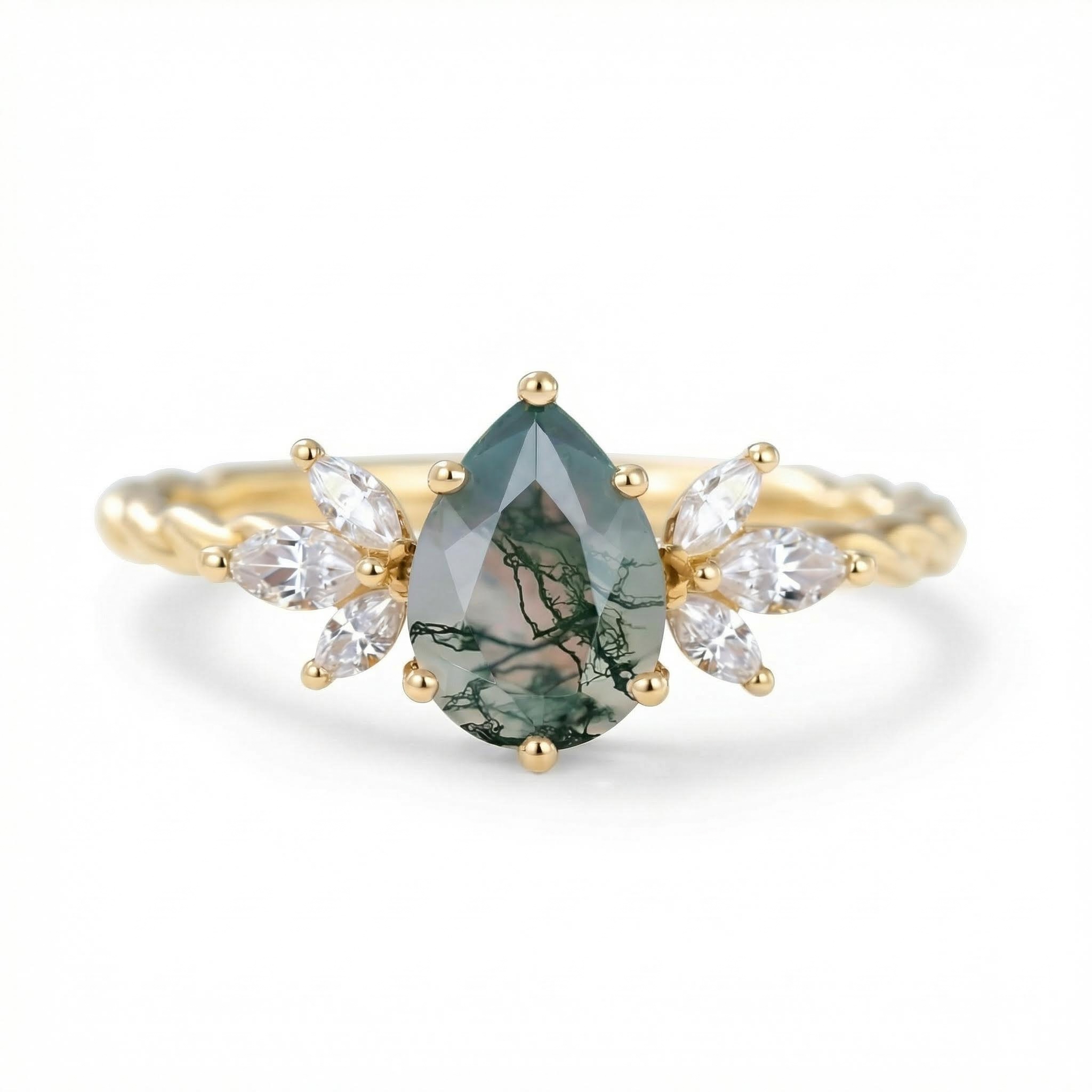 1.44CT Pear Cut Moss Agate Twisted Band Marquise Accented Moissanite S925 Silver Engagement Ring