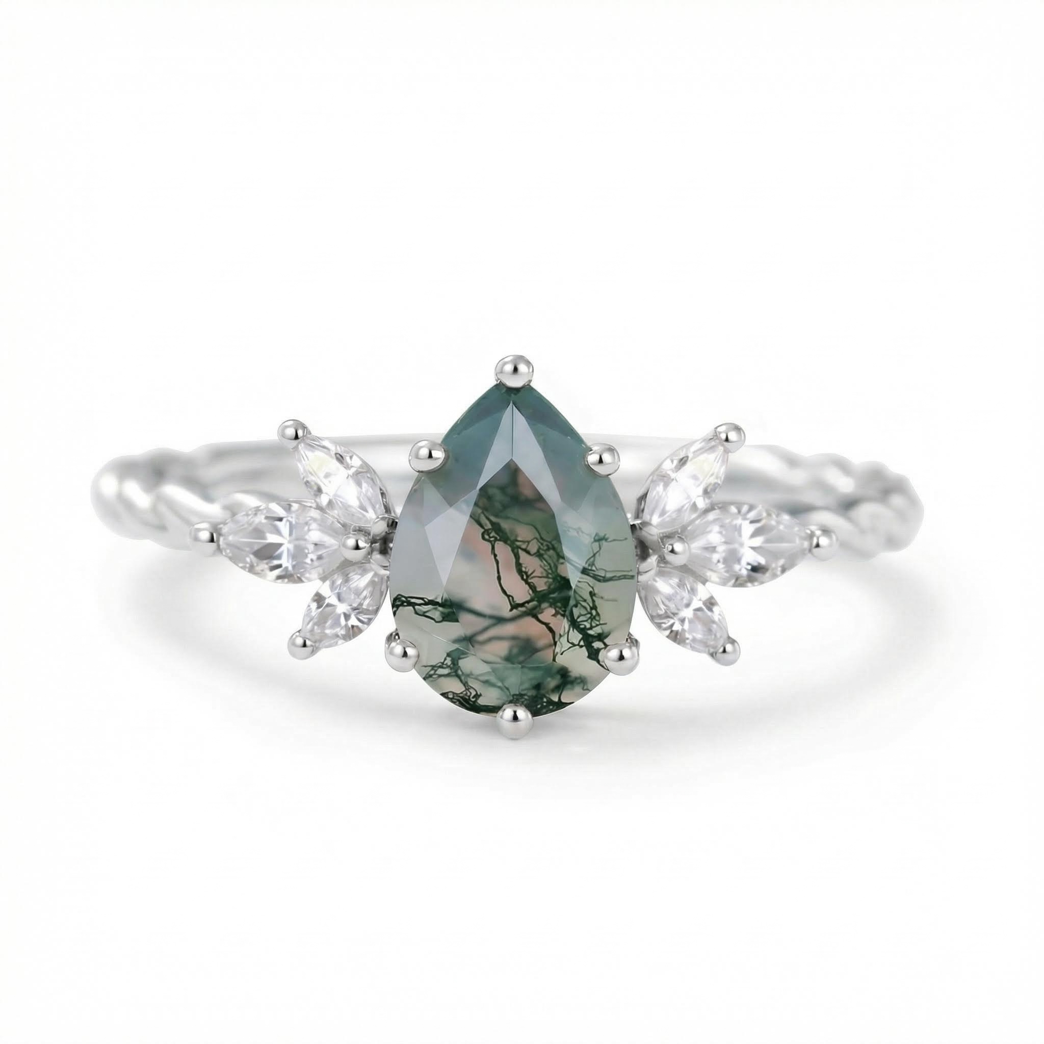 1.44CT Pear Cut Moss Agate Twisted Band Marquise Accented Moissanite S925 Silver Engagement Ring