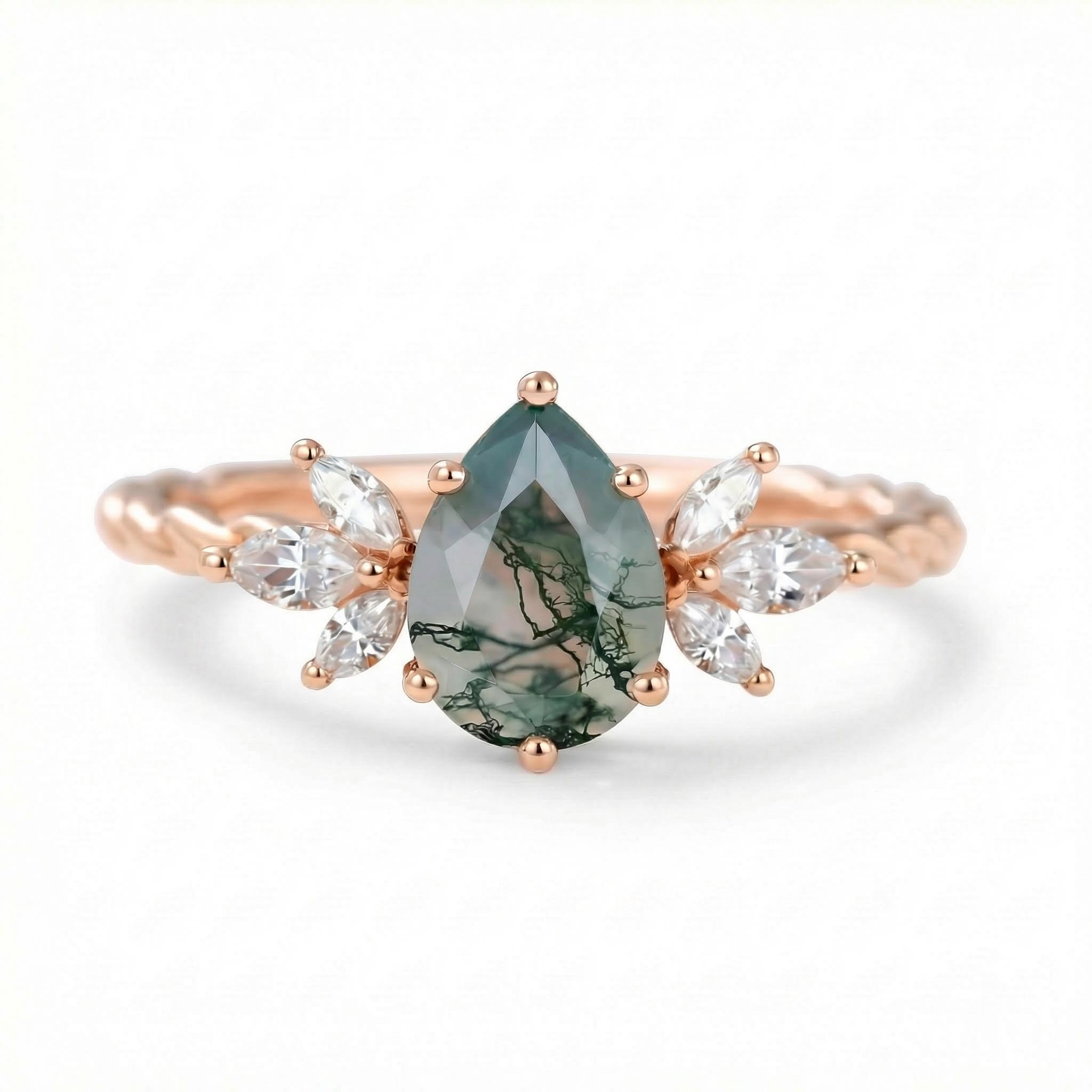 1.44CT Pear Cut Moss Agate Twisted Band Marquise Accented Moissanite S925 Silver Engagement Ring