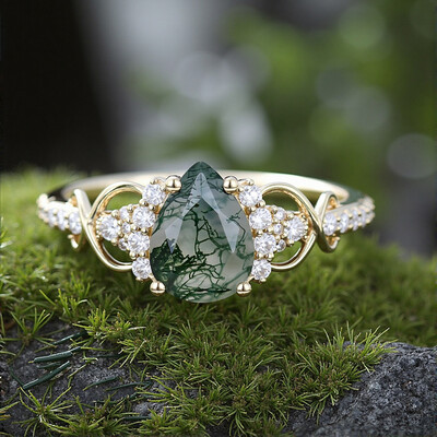 1.89CT Pear Cut Moss Agate & Round Cut Moissanite S925 Silver Engagement Ring
