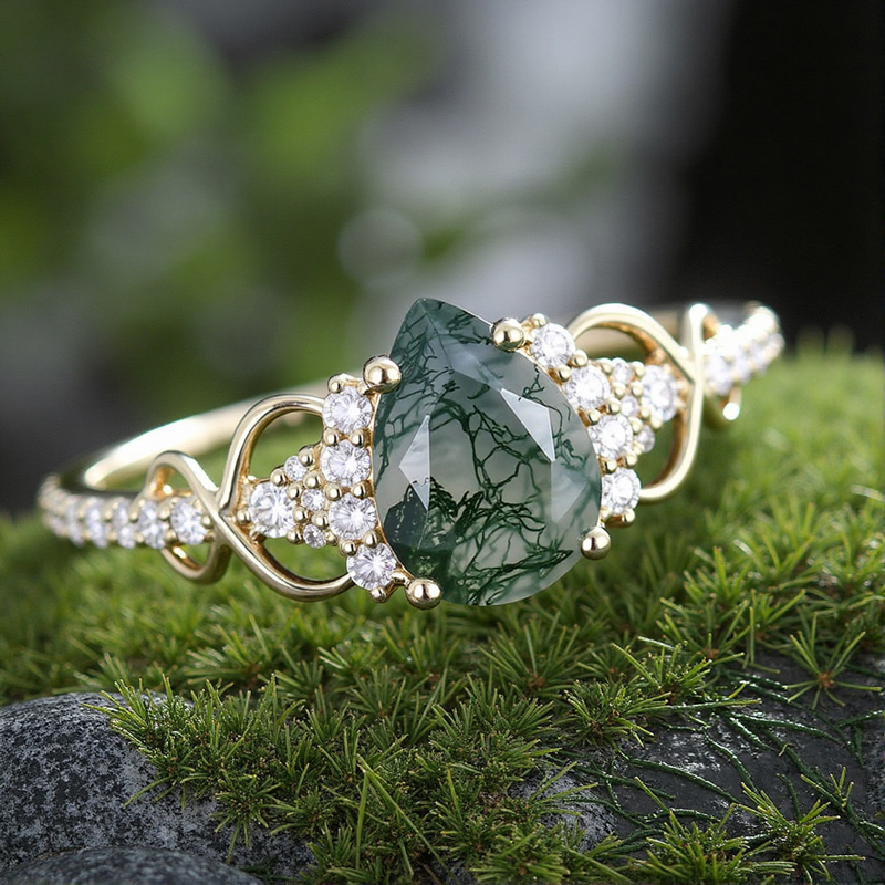 1.89CT Pear Cut Moss Agate & Round Cut Moissanite S925 Silver Infinity Promise Engagement Ring