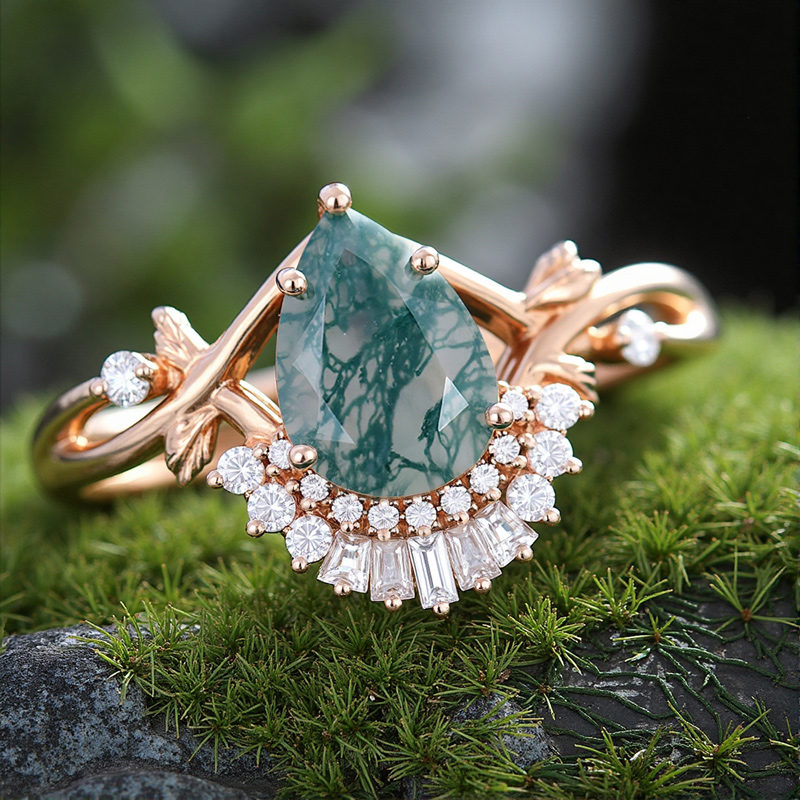 2.1CT Pear Cut Moss Agate & Round Cut Moissanite S925 Silver With Twisted Twig Shank Engagement Ring