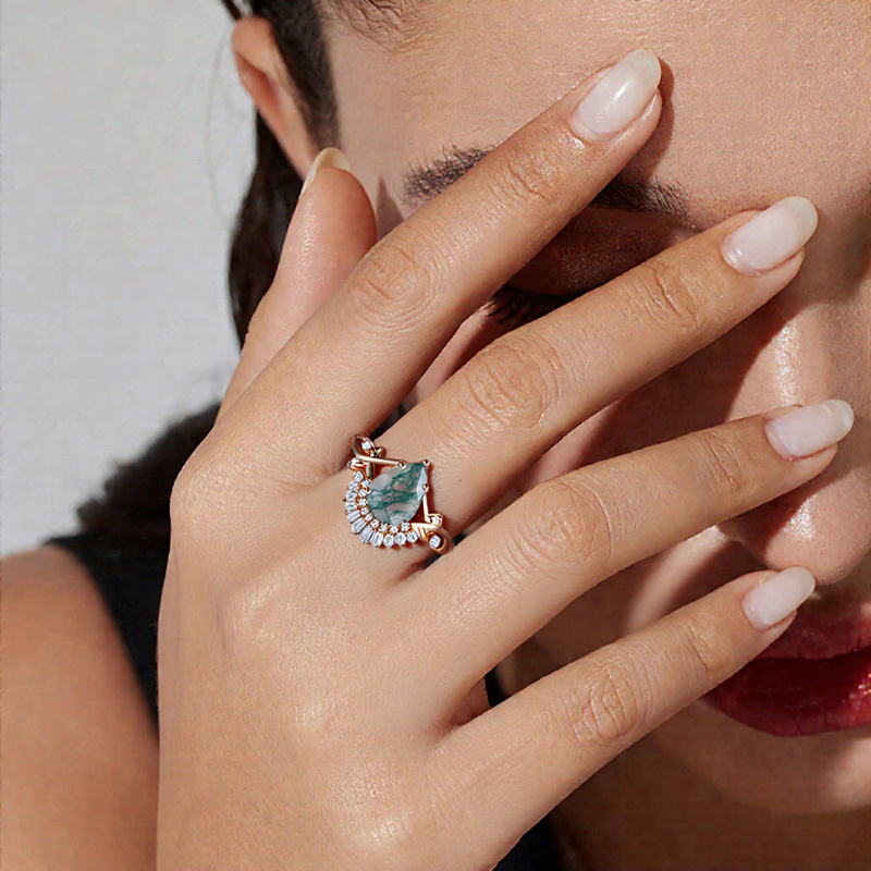2.1CT Pear Cut Moss Agate & Round Cut Moissanite S925 Silver With Twisted Twig Shank Engagement Ring