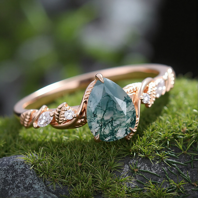 1.28CT Pear Cut Moss Agate & Round Cut Moissanite S925 Silver Engagement Ring