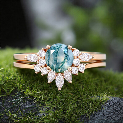 1.42CT Round Cut Moss Agate & Marquise Cut Moissanite S925 Silver Engagement Ring Set