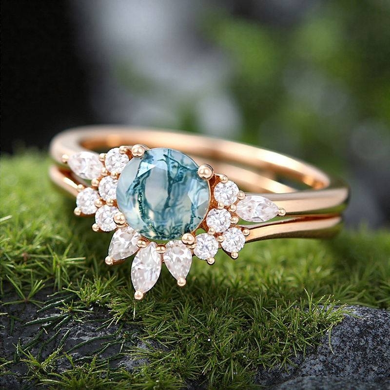 1.42CT Round Cut Moss Agate & Marquise Cut Moissanite S925 Silver Engagement Ring Set
