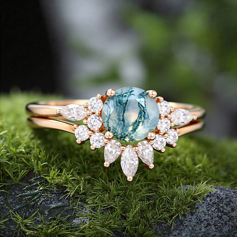 1.42CT Round Cut Moss Agate & Marquise Cut Moissanite S925 Silver Engagement Ring Set