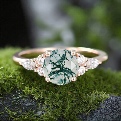 1.18CT Round Cut Moss Agate & Round Cut Moissanite S925 Silver Engagement Ring