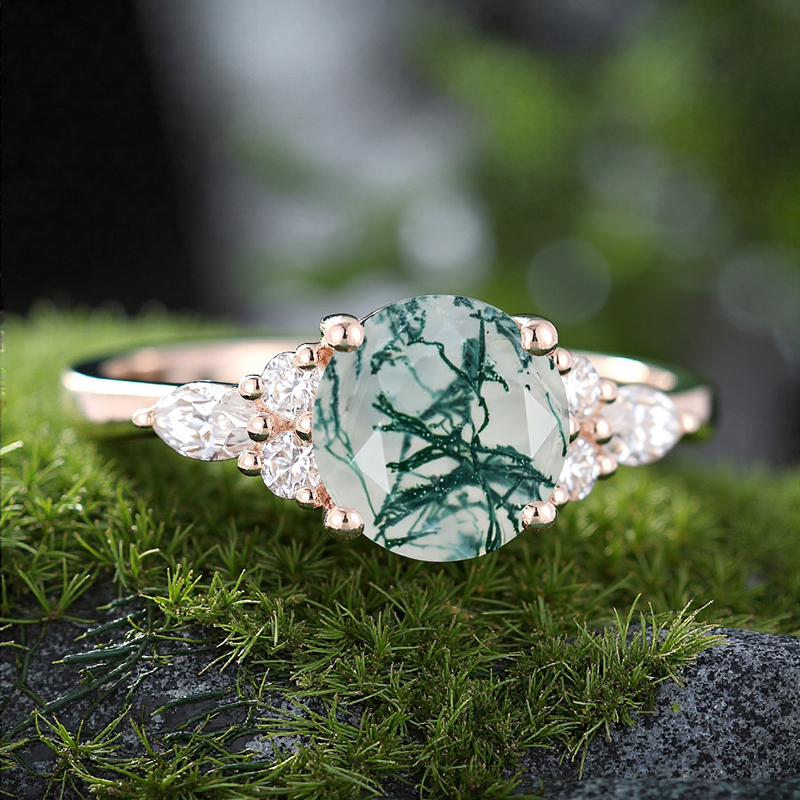 1.18CT Round Cut Moss Agate & Round Cut Moissanite S925 Silver Accent Promise Engagement Ring