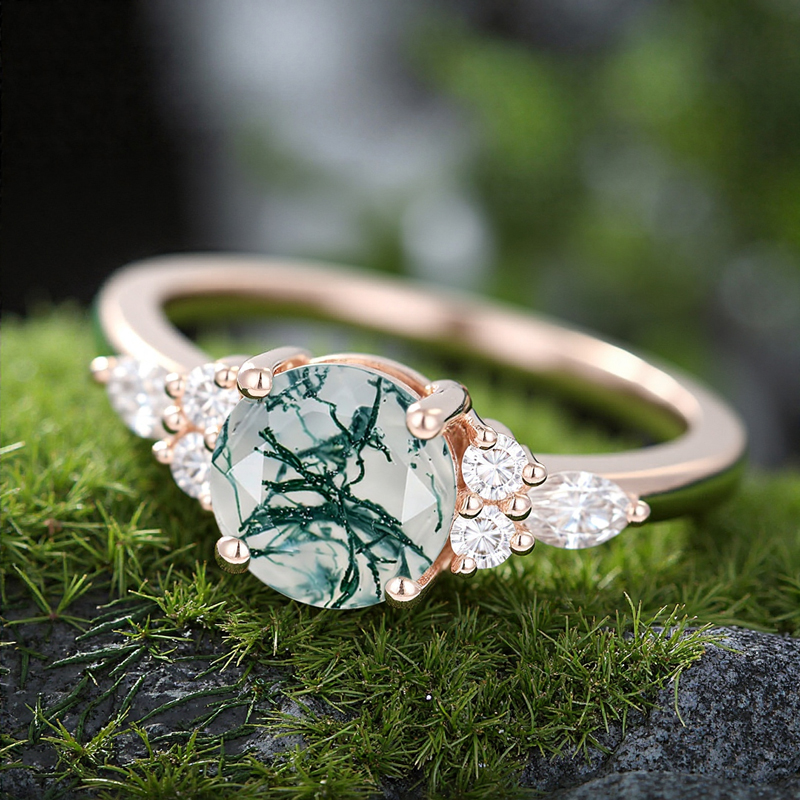 1.18CT Round Cut Moss Agate & Round Cut Moissanite S925 Silver Accent Promise Engagement Ring