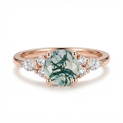 1.18CT Round Cut Moss Agate & Round Cut Moissanite S925 Silver Accent Promise Engagement Ring 1.18CT Round Cut Moss Agate & Round Cut Moissanite S925 Silver Accent Promise Engagement Ring