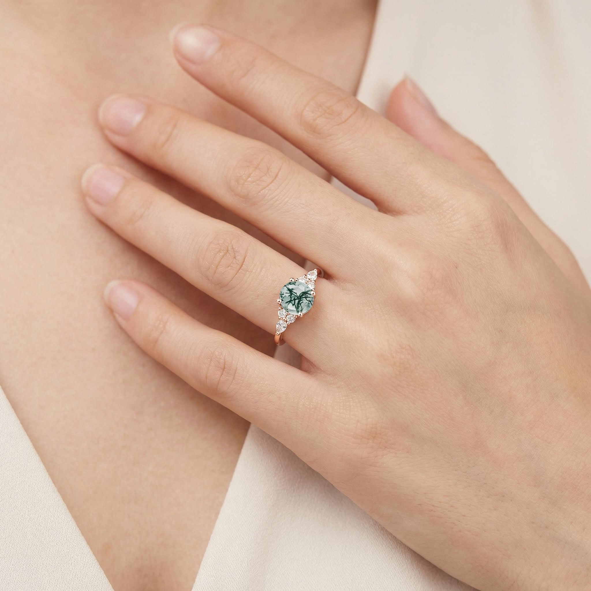 1.18CT Round Cut Moss Agate & Round Cut Moissanite S925 Silver Accent Promise Engagement Ring