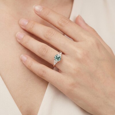 1.18CT Round Cut Moss Agate & Round Cut Moissanite S925 Silver Accent Promise Engagement Ring