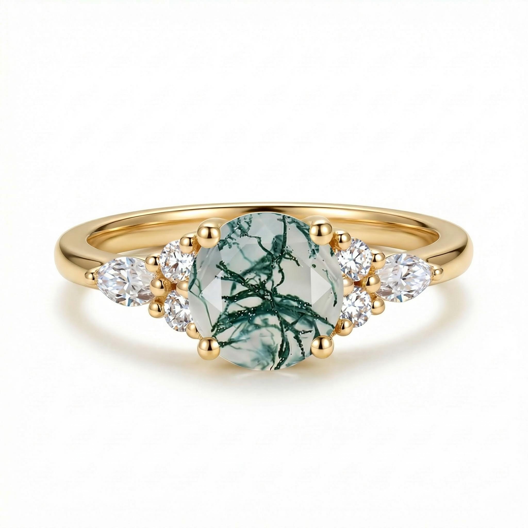 1.18CT Round Cut Moss Agate & Round Cut Moissanite S925 Silver Accent Promise Engagement Ring