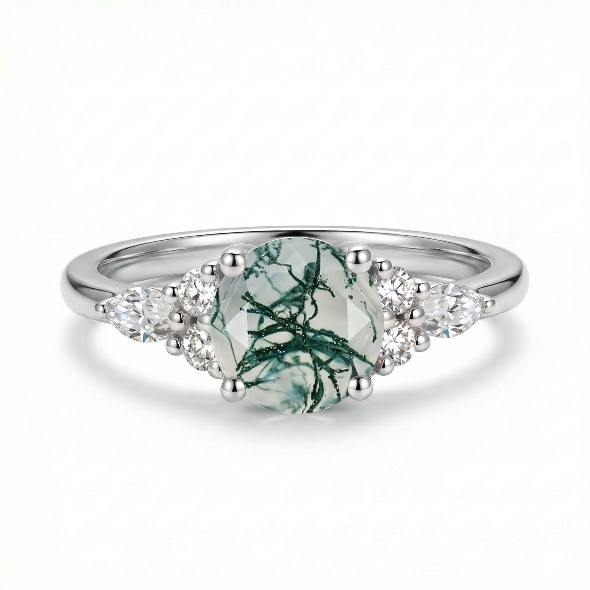 1.18CT Round Cut Moss Agate & Round Cut Moissanite S925 Silver Accent Promise Engagement Ring