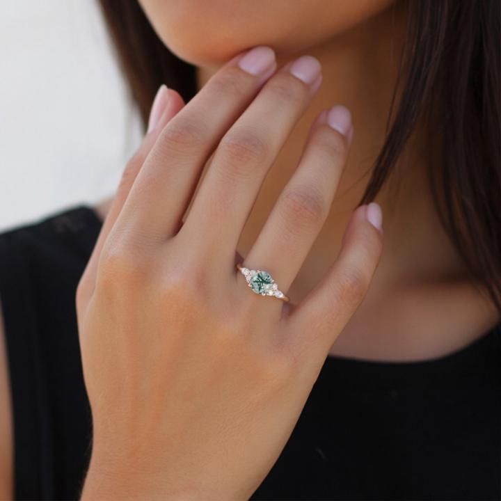 1.18CT Round Cut Moss Agate & Round Cut Moissanite S925 Silver Accent Promise Engagement Ring