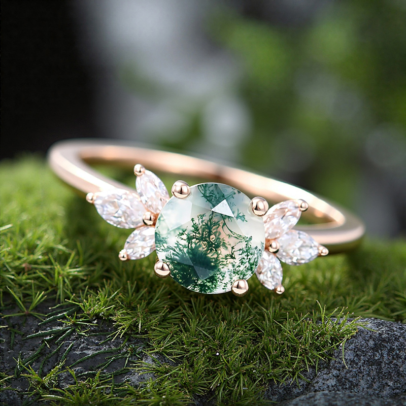 1.24CT Round Cut Moss Agate & Marquise Cut Moissanite S925 Silver Engagement Ring