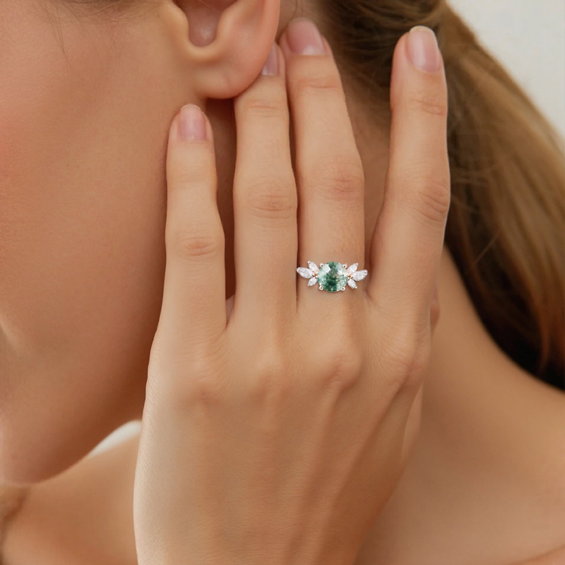 1.24CT Round Cut Moss Agate & Marquise Cut Moissanite S925 Silver Engagement Ring