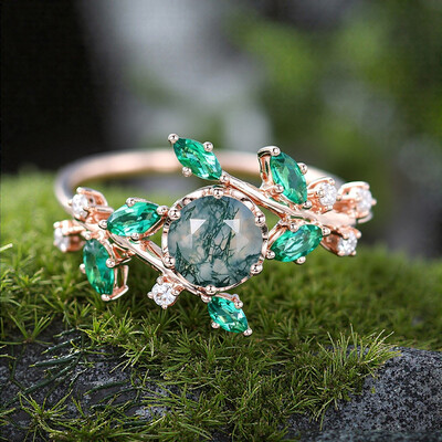 1.21CT Round Cut Moss Agate & Marquise Cut Diamond S925 Silver Engagement Ring