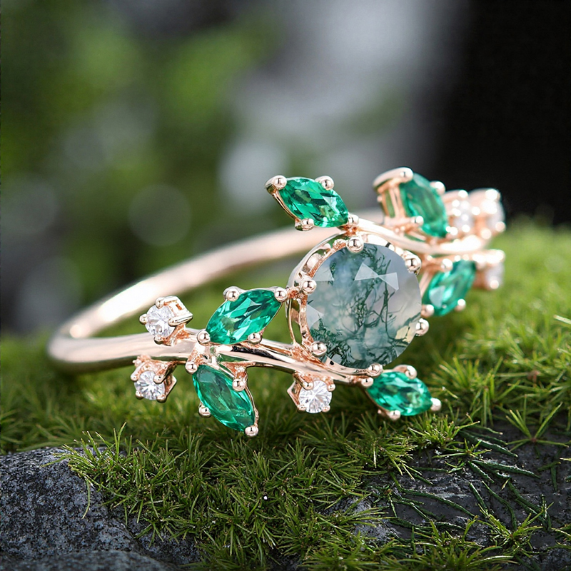 1.21CT Round Cut Moss Agate & Marquise Cut Diamond S925 Silver Nature Themed Promise Engagement Ring