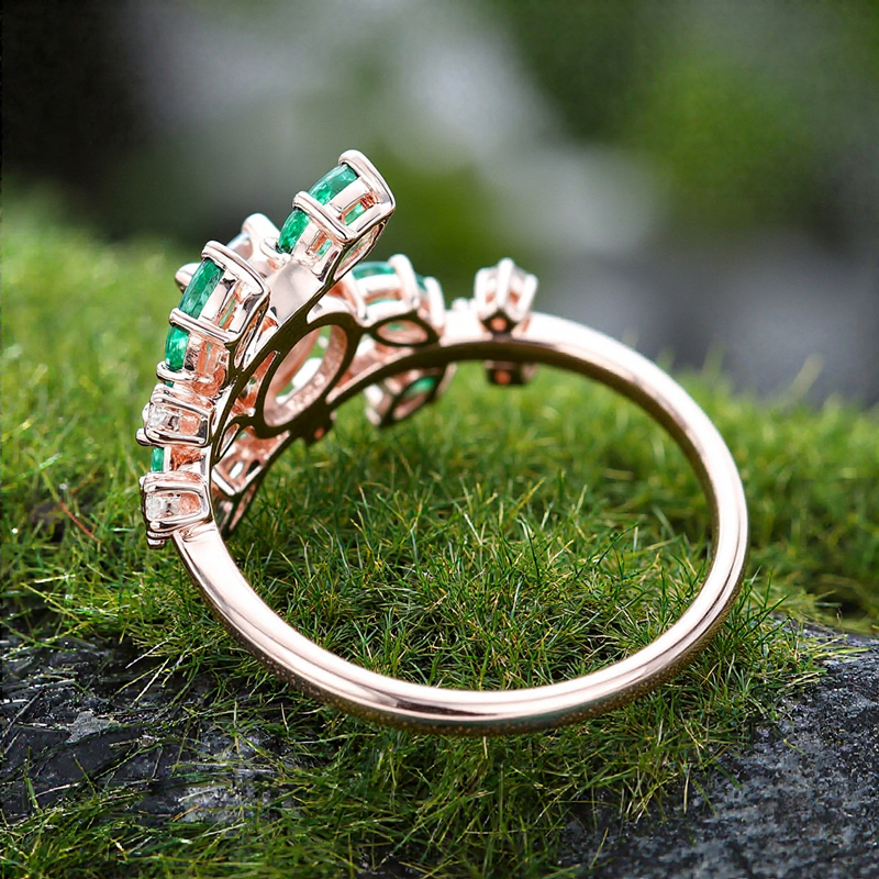 1.21CT Round Cut Moss Agate & Marquise Cut Diamond S925 Silver Nature Themed Promise Engagement Ring