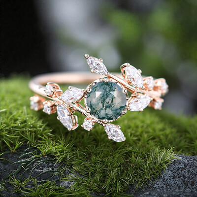 1.21CT Round Cut Moss Agate & Marquise Cut Moissanite S925 Silver Engagement Ring