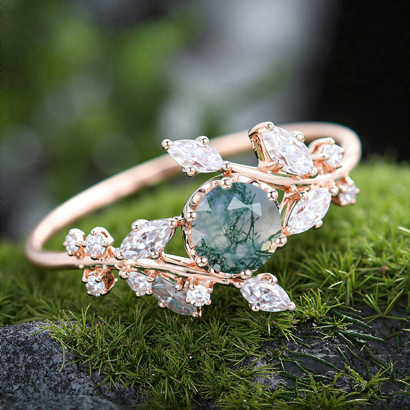 1.21CT Round Cut Moss Agate & Marquise Cut Moissanite S925 Silver Promise Engagement Ring