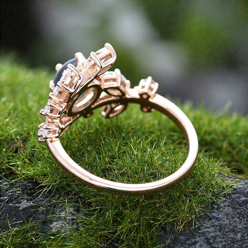 1.21CT Round Cut Moss Agate & Marquise Cut Moissanite S925 Silver Promise Engagement Ring