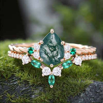 1.59CT Pear Cut Moss Agate & Round Cut Moissanite S925 Silver Engagement Ring Set