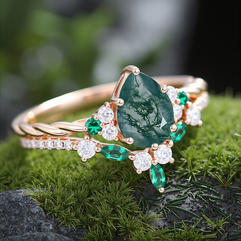 1.59CT Pear Cut Moss Agate & Round Cut Moissanite S925 Silver Engagement Ring Set