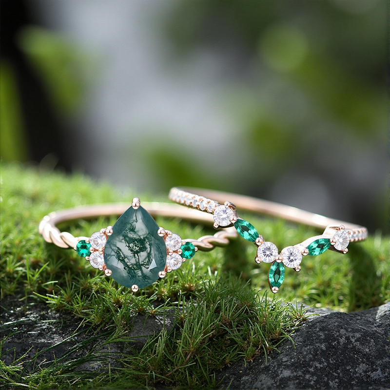 1.59CT Pear Cut Moss Agate & Round Cut Moissanite S925 Silver Engagement Ring Set