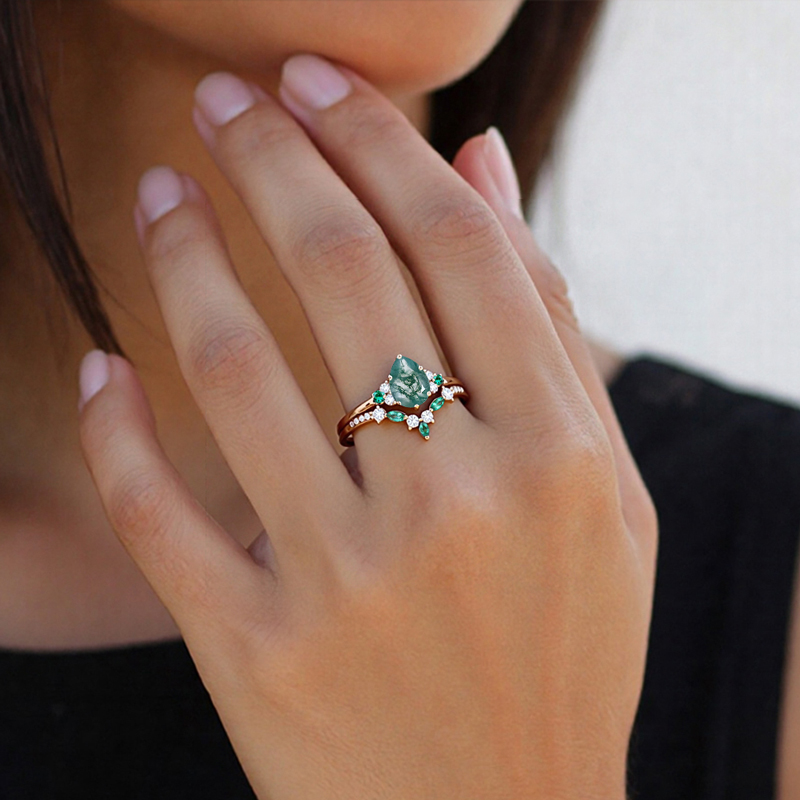 1.59CT Pear Cut Moss Agate & Round Cut Moissanite S925 Silver Engagement Ring Set