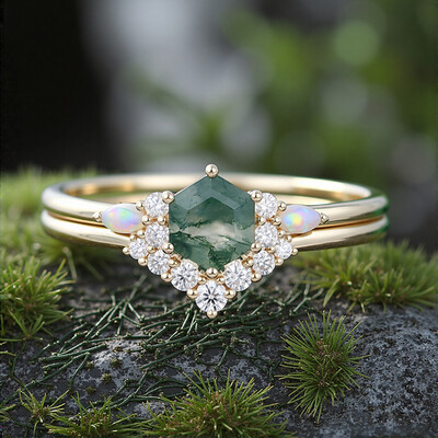 1.3CT Hexagon Moss Agate & Round Cut Moissanite S925 Silver Engagement Ring Set