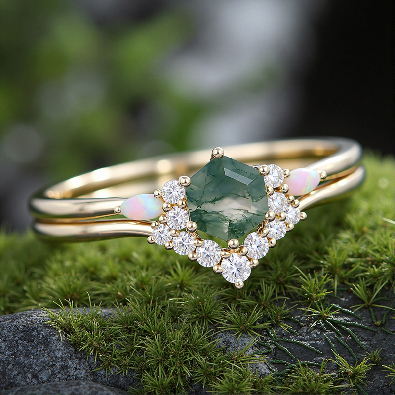 1.3CT Hexagon Moss Agate & Round Cut Moissanite S925 Silver Engagement Ring Set