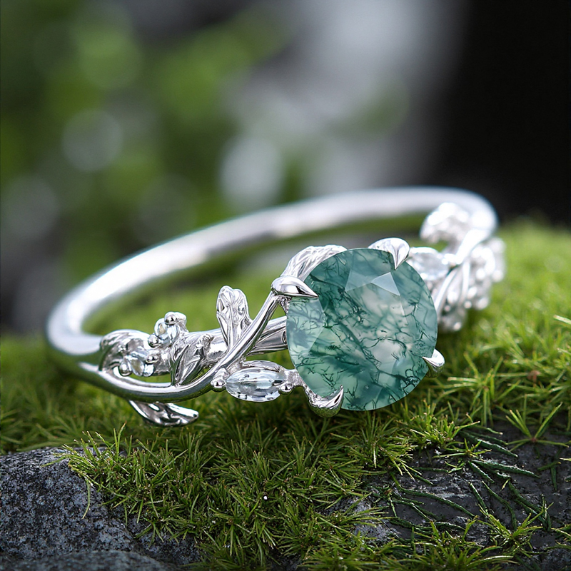 1.09CT Round Cut Moss Agate & Marquise Cut Moissanite S925 Silver Engagement Ring