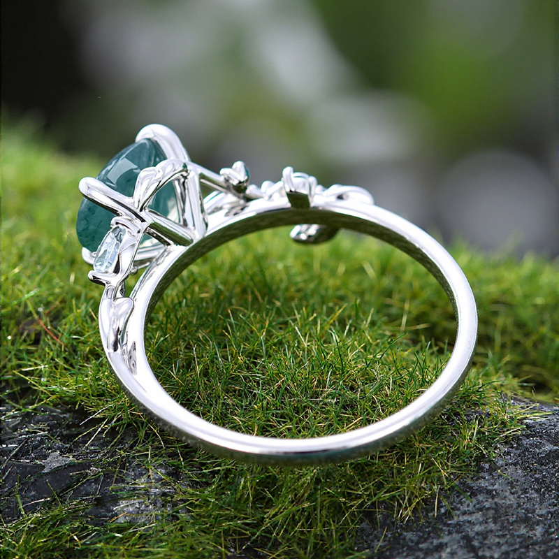 1.09CT Round Cut Moss Agate & Marquise Cut Moissanite S925 Silver Engagement Ring