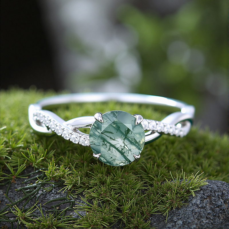 1.27CT Round Cut Moss Agate & Moissanite S925 Silver Engagement Ring