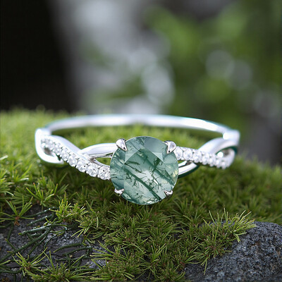 1.27CT Round Cut Moss Agate & Moissanite S925 Silver Engagement Ring
